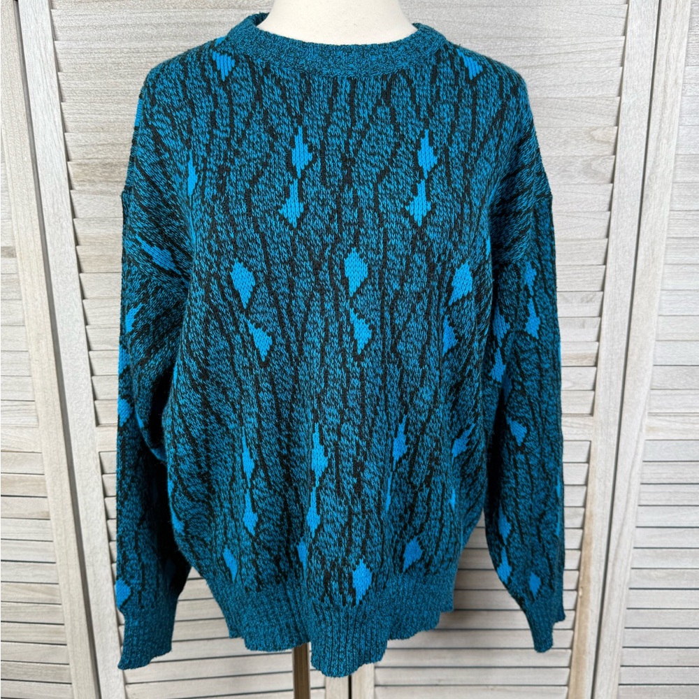 MICHAEL GERALD Men's Vintage 90's Abstract 
Crewneck Sweater Blue/Black-Large